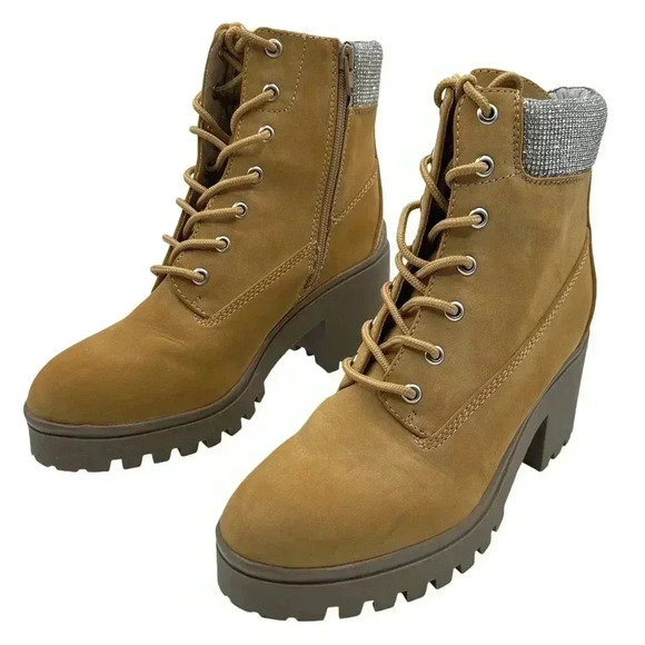 Wild Pair Womens 9M Bentli Nubuck Embellished Combat & Lace-up Boots Tan Nubuck - Picture 4 of 15